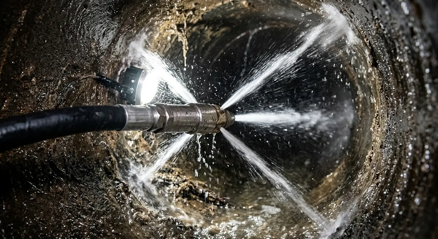 High-pressure hydro jetting nozzle cleaning sewer pipe for Emergency Drain Service in Palm Springs