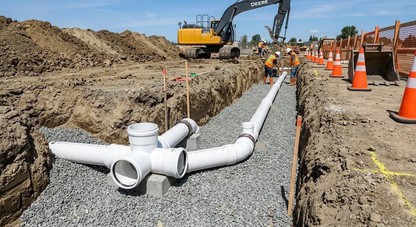 New PVC sewer pipe installation in open trench for Commercial Drain Cleaning in Palm Springs