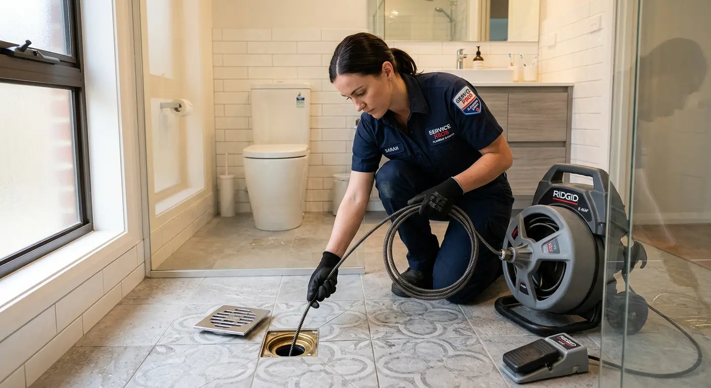 Technician clearing a bathroom floor drain for Clogged Drain Repair in Palm Springs